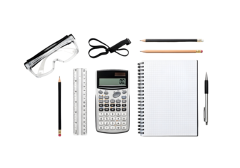 Essential learning and technical supplies for students and professionals, including a scientific calculator, drawing tools, and protective eyewear, presented as a flat lay