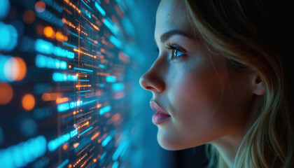 Woman face in profile with eyes gazing out. Hair styled in loose waves, wearing sunglasses. Gradient blue and orange background with subtle pattern of lines and dots.