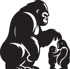 Gorilla Family Silhouette Vector – Black and White Wildlife Illustration of Parent and Baby Apes