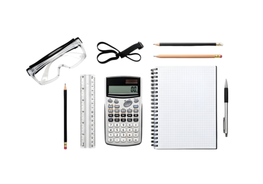 Essential learning and technical supplies for students and professionals, including a scientific calculator, drawing tools, and protective eyewear, presented as a flat lay