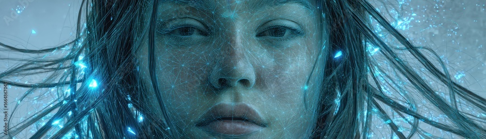 Poster a vibrant ai-generated image featuring a halo of binary fractals above a stylized representation of 