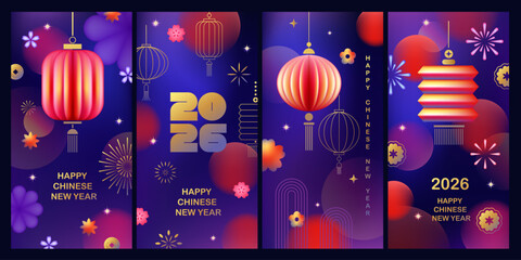 Chinese New Year vector cards. Lunar new year concept. Geometric modern design with abstract forms, gradients, flower, lanterns, fireworks. Design for calendar, cover, flyer.