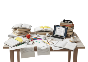 A chaotic desk piled high with books, scattered papers, a laptop, and coffee, symbolizing intense study, creative work, or the pressure of deadlines on a busy day