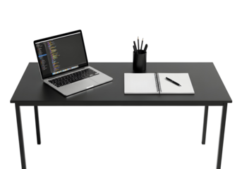 A modern, minimalist workspace featuring a laptop with code on screen, an open notebook, and essential office supplies, perfect for software development, remote work, and digital creativity