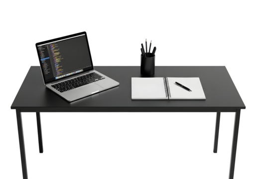 A modern, minimalist workspace featuring a laptop with code on screen, an open notebook, and essential office supplies, perfect for software development, remote work, and digital creativity