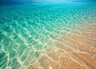 Obraz premium The sun's rays glint off the surface of a calm, clear tropical ocean near a golden shore.