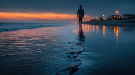 A serene evening beach scene with a solitary figure walking along the water's edge, illuminated by distant lights against a colorful sunset sky.