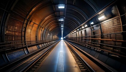 A long, dark tunnel with train tracks and lighting at the end