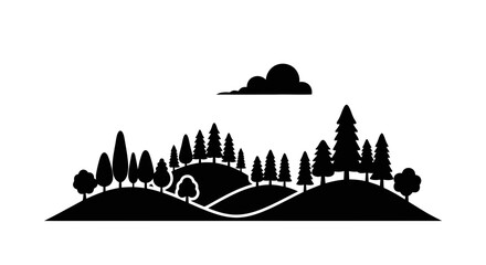 Vector art of a black silhouette of a forest landscape with rolling hills and a cloud in the sky, isolated on a