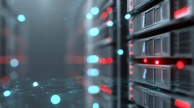 Futuristic data center with illuminated servers, showcasing advanced technology and digital connectivity in modern computing environments.