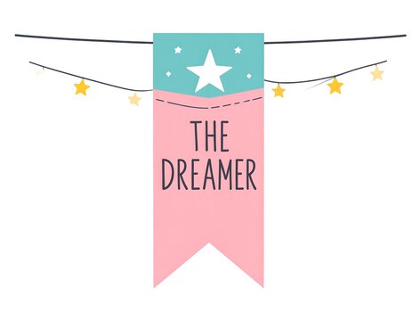 Pastel banner with "The Dreamer" text, stars, and lights