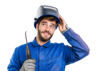 Smiling Young Welder Adjusting Helmet with Torch, Looking Up Thoughtfully isolated on a transparent background