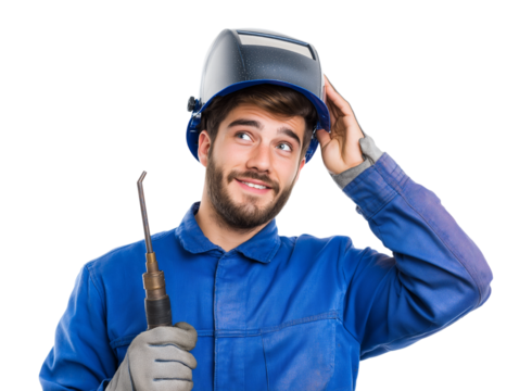 Smiling Young Welder Adjusting Helmet with Torch, Looking Up Thoughtfully isolated on a transparent background - Powered by Adobe
