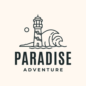 lighthouse sea line art logo vector minimalist illustration design, lighthouse ocean logo design