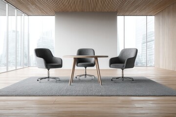 Fototapeta premium Gray office chairs and a round table in a modern room.