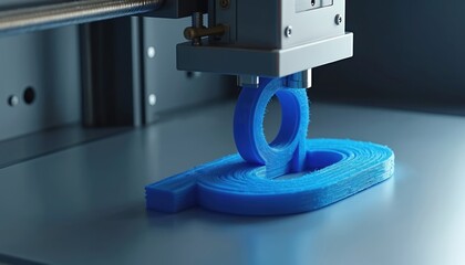 Blue 3D printed letter D in modern 3D printer with advanced technology. Contemporary studio workspace with equipment, device. Gray surface, metal arm, ring-like shape, curved surface, complex 3D