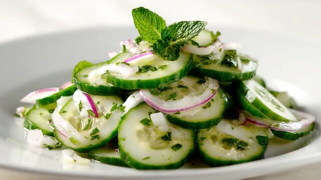 Cucumber Salad: Refreshing cucumber salad features crisp, green cucumber slices mingling with fresh red onions and delicate mint leaves, embodying the essence of summer and light eating.