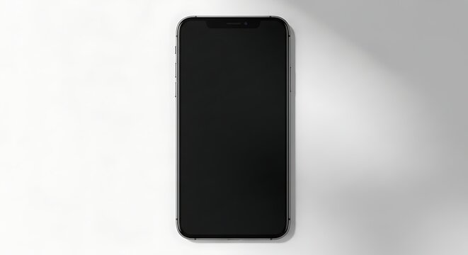 Modern Smartphone Device Displaying a Black Screen on a White Surface with Soft Shadow Effect