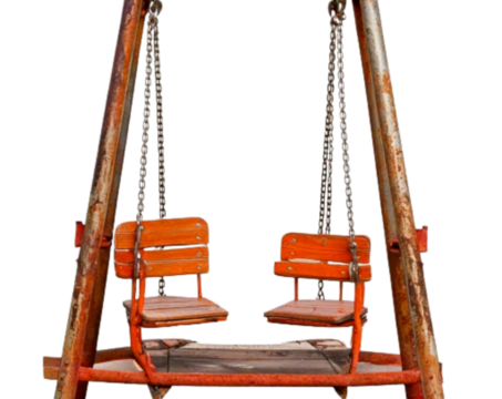 Rusty Old Swing Set with Two Orange Seats, isolated on a transparent background PNG