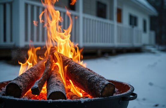 Bonfire firewood burns with bright flames against background of snow-covered house. Winter scene with burning wood, creating warm cozy atmosphere for outdoor recreation. Firewood burning in grill for