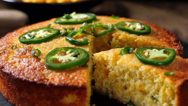 Cornbread Delight: A close-up shot of freshly baked cornbread, its golden crust inviting, generously garnished with vibrant jalapeno slices for a delightful flavor contrast, served with other side. 