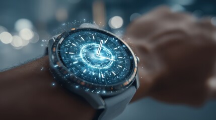 A futuristic smartwatch displays a vibrant, digital interface on a wrist, showcasing advanced technology and interactive features.