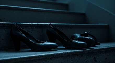 Heels placed near stairs in dim urban stairwell with scuffed texture and gritty emotional realism