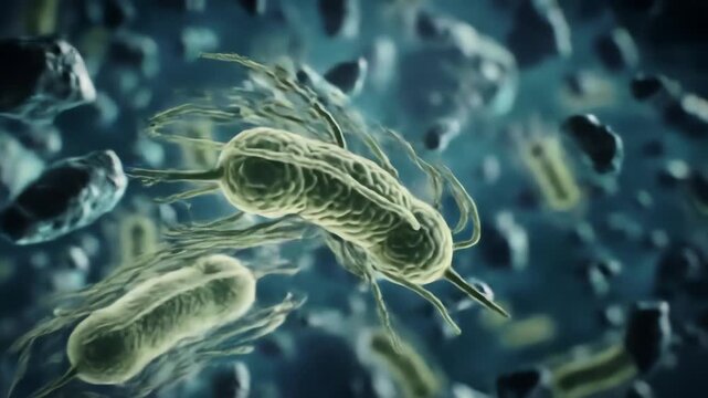 cholera bacteria swimming through contaminated water, their curved bodies whipping flagella like tiny serpents