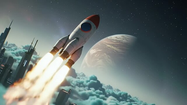 Pixelated Rocket Launching Through Teal Clouds with Fictional Planet and City Skyline in Space Adventure