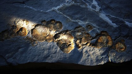 化石化した微生物の模様が、太古の岩の中で原始的な太陽光に照らされて輝いています。