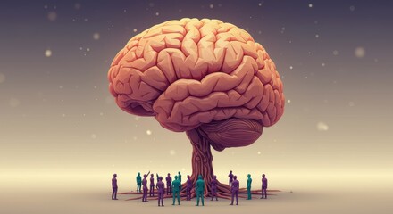 Brain tree illustration with diverse people representing knowledge growth and collaborative thinking