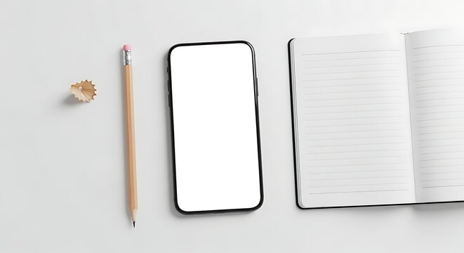 A blank notebook, a pencil, and a smartphone with a white screen are neatly arranged on a white surface, suggesting preparation for work or study.