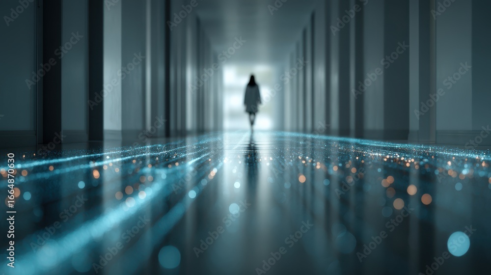 Poster a shadowy figure walks through a futuristic corridor, illuminated by glowing lines and bokeh lights,
