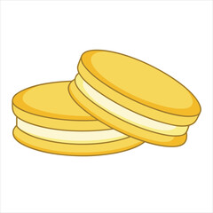 Two yellow macarons with cream filling stacked on a white background french cookie