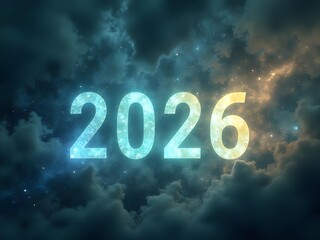Icy 2026 numbers against stormy clouds