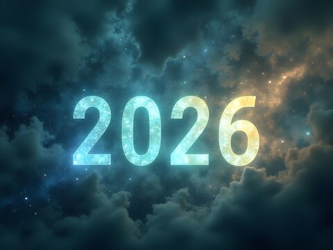 Icy 2026 numbers against stormy clouds - Powered by Adobe