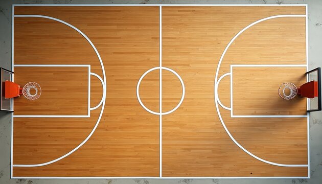 Empty worn wooden basketball court with markings and hoops. Overhead view of arena with white lines, gray walls, and suspended basketball. Two hoops stand at opposite ends of the court.