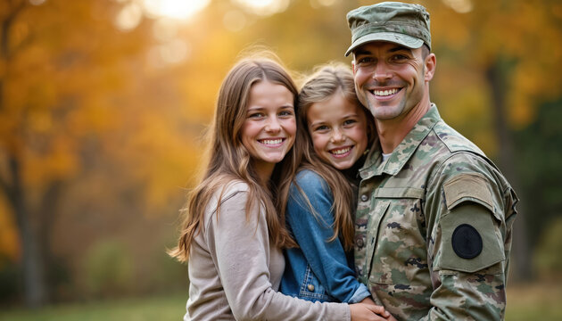 Proud military member in uniform reunites with smiling family daughters. Father, children share joyful reunion, expressing love, connection outdoors amidst autumn foliage. Family togetherness