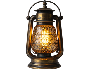 Antique kerosene lantern with glowing light and ornate glass on black background