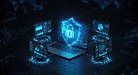 Cyber security shield protecting data network on modern computers for digital protection
