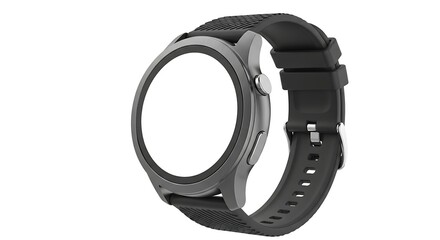 A gray smartwatch with a black band is displayed on a white background, showing its side profile and circular screen.