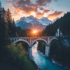 Obraz premium Train crossing bridge with glowing sun high resolution picture