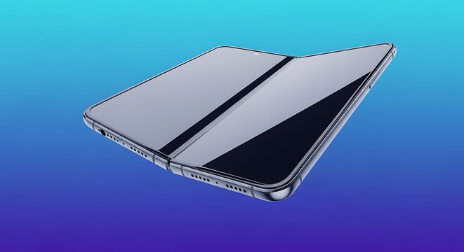 A sleek, modern foldable smartphone is presented in a dynamic, angled view against a gradient blue background, showcasing its innovative folding mechanism and reflective surface.