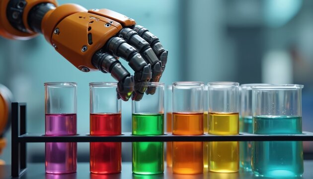 Robot arm extends towards colorful test tubes. Orange robotic arm positioned on left side, test tubes with different colored liquids on right. Blurred background draws focus to robotic arm, test - Powered by Adobe