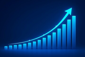 Glowing blue bar graph with upward trending arrow symbolizing financial growth and success