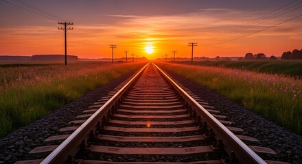 Railroad Tracks Leading to Sunset Horizon.