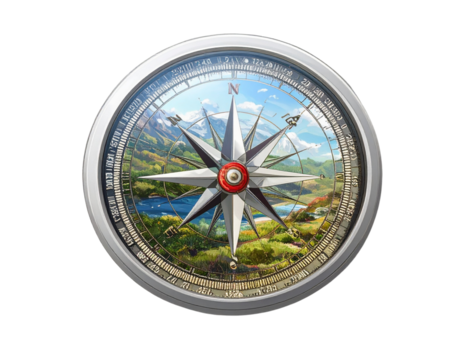 Vintage compass with scenic landscape reflection on a black background