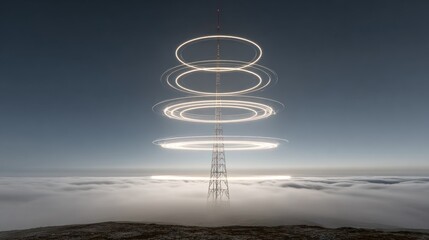 Tower atop a sea of clouds, illuminated by light trails