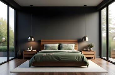 Modern Bedroom Interior with Wooden Bed