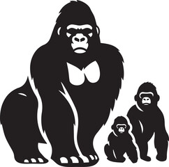 Gorilla Family Silhouette Vector – Black and White Wildlife Illustration of Parent and Baby Apes